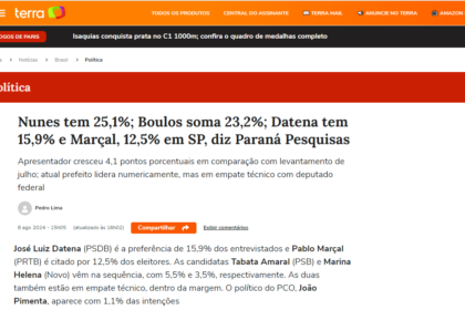 Portal Terra cita pesquisa realizada pela Paraná Pesquisas em São Paulo.