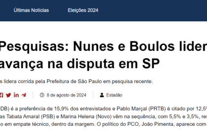 GC Mais cita pesquisa realizada pela Paraná Pesquisas em São Paulo.