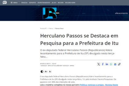 Notícias R7 cita pesquisa realizada pela Paraná Pesquisas em Itu.