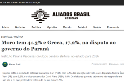 Aliados do Brasil cita pesquisa realizada pela Paraná Pesquisas no Paraná.