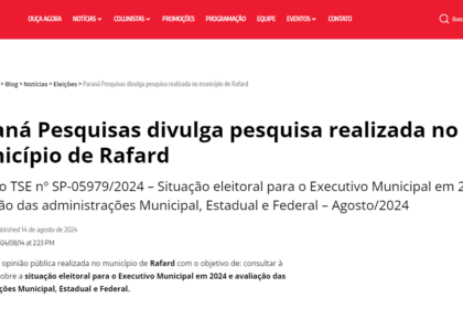 Raízes cita pesquisa realizada pela Paraná Pesquisas em Rafard.