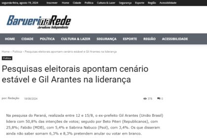 Barueri na Rede cita pesquisa realizada pela Paraná Pesquisas em Barueri.