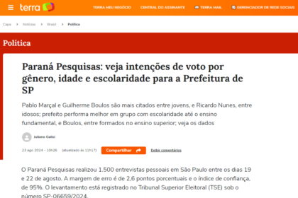 Portal Terra cita pesquisa realizada pela Paraná Pesquisas em São Paulo.