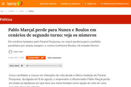 Portal Terra cita pesquisa realizada pela Paraná Pesquisas em São Paulo.