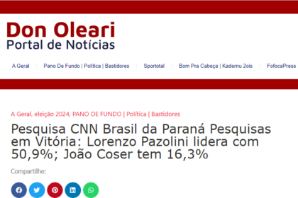 Don Oleari cita pesquisa realizada pela Paraná Pesquisas em Vitória.