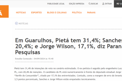Bem Paraná cita pesquisa realizada pela Paraná Pesquisas em Guarulhos.