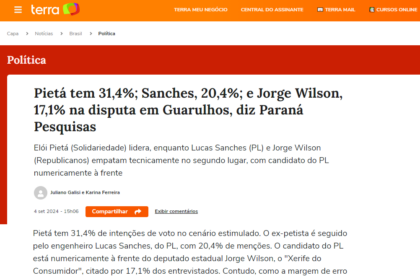 Portal Terra cita pesquisa realizada pela Paraná Pesquisas em Guarulhos.