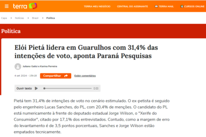 Portal Terra cita pesquisa realizada pela Paraná Pesquisas em Guarulhos.