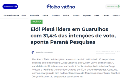 Folha Vitória cita pesquisa realizada pela Paraná Pesquisas em Guarulhos.