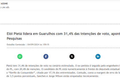 Bem Paraná cita pesquisa realizada pela Paraná Pesquisas em Guarulhos.