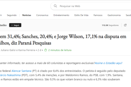 MSN cita pesquisa realizada pela Paraná Pesquisas em Guarulhos.
