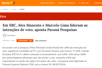 Portal Terra cita pesquisa realizada pela Paraná Pesquisas em São Bernardo do Campo.