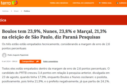 Portal Terra cita pesquisa realizada pela Paraná Pesquisas em São Paulo.
