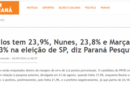 Bem Paraná cita pesquisa realizada pela Paraná Pesquisas em São Paulo.