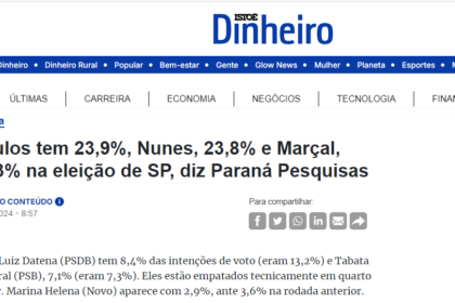 Isto É Dinheiro cita pesquisa realizada pela Paraná Pesquisas em São Paulo.