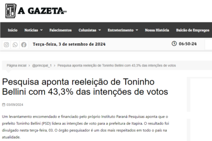 Gazeta Itapirense em Pauta cita pesquisa realizada pela Paraná Pesquisas em Itapira.
