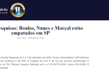 Blog Mário Flávio cita pesquisa realizada pela Paraná Pesquisas em São Paulo.