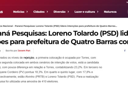 Itamaraju Notícias cita pesquisa realizada pela Paraná Pesquisas em Quatro Barras.