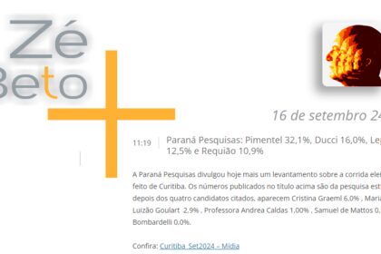 Zé Beto cita pesquisa realizada pela Paraná Pesquisas em Curitiba.