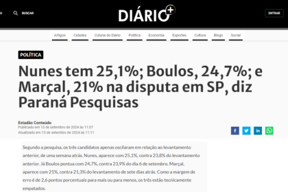 Diário Mais cita pesquisa realizada pela Paraná Pesquisas em São Paulo.