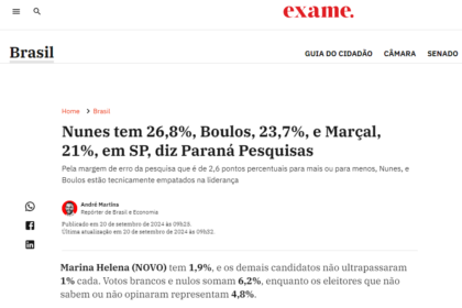 Exame cita pesquisa realizada pela Paraná Pesquisas em São Paulo.
