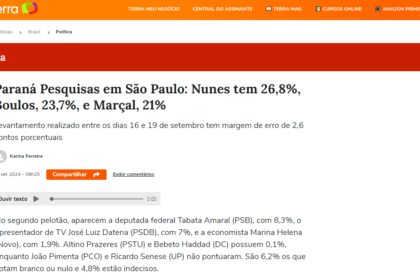 Portal Terra cita pesquisa realizada pela Paraná Pesquisas em São Paulo.