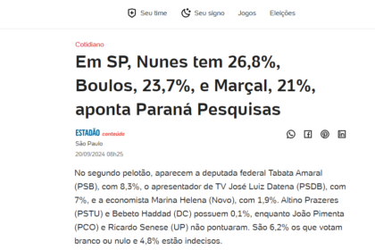 UOL Notícias cita pesquisa realizada pela Paraná Pesquisas em São Paulo.