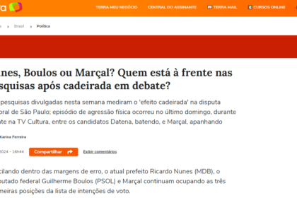 Portal Terra cita pesquisa realizada pela Paraná Pesquisas em São Paulo.