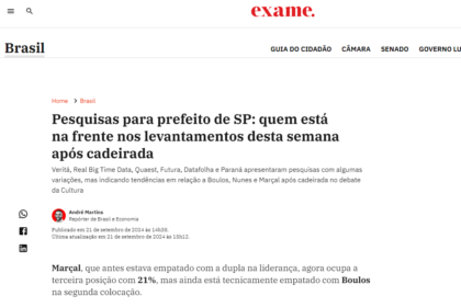Exame cita pesquisa realizada pela Paraná Pesquisas em São Paulo.