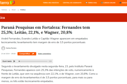 Portal Terra cita pesquisa realizada pela Paraná Pesquisas em Fortaleza.