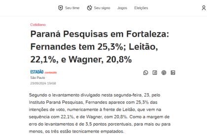 UOL Notícias cita pesquisa realizada pela Paraná Pesquisas em Fortaleza.