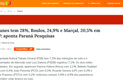 Portal Terra cita pesquisa realizada pela Paraná Pesquisas em São Paulo.