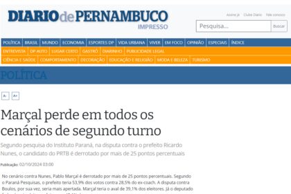 Diário de Pernambuco cita pesquisa realizada pela Paraná Pesquisas em São Paulo.