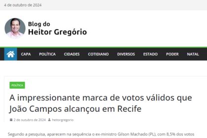 Blog do Heitor Gregório cita pesquisa realizada pela Paraná Pesquisas em Recife.