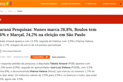 Portal Terra cita pesquisa realizada pela Paraná Pesquisas em São Paulo.