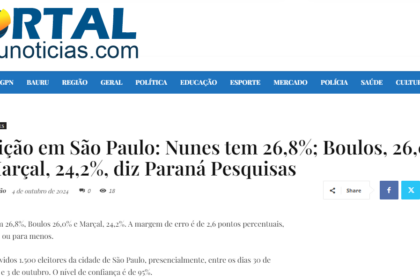 Portal Bauru cita pesquisa realizada pela Paraná Pesquisas em São Paulo.