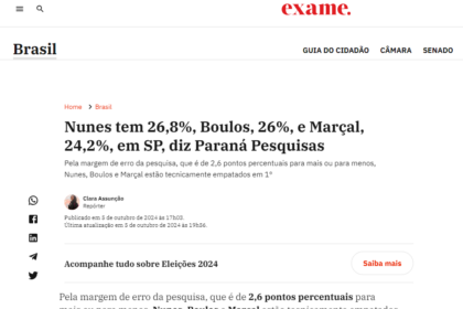 Exame cita pesquisa realizada pela Paraná Pesquisas em São Paulo.