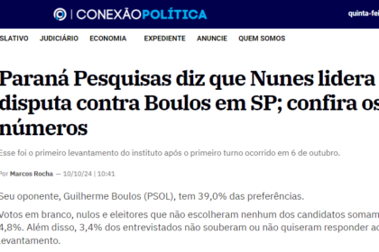 Conexão Política cita pesquisa realizada pela Paraná Pesquisas em São Paulo.