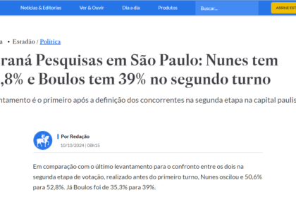 Estadão cita pesquisa realizada pela Paraná Pesquisas em São Paulo.