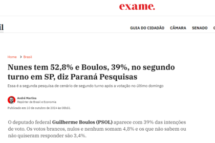 Exame cita pesquisa realizada pela Paraná Pesquisas em São Paulo.
