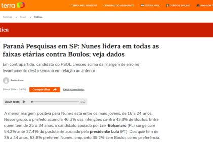Portal Terra cita pesquisa realizada pela Paraná Pesquisas em São Paulo.