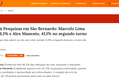 Portal Terra cita pesquisa realizada pela Paraná Pesquisas em São Bernardo do Campo.