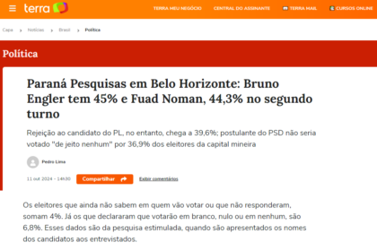 Portal Terra cita pesquisa realizada pela Paraná Pesquisas em Belo Horizonte.