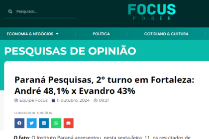 Focus Poder cita pesquisa realizada pela Paraná Pesquisas em Fortaleza.