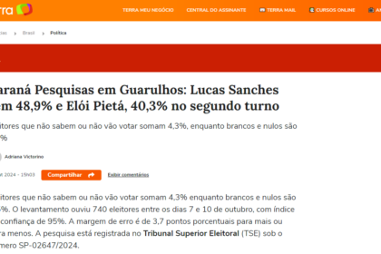 Portal Terra cita pesquisa realizada pela Paraná Pesquisas em Guarulhos.