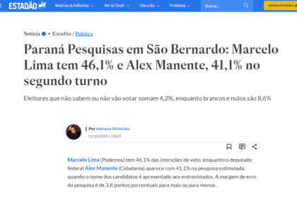 Estadão cita pesquisa realizada pela Paraná Pesquisas em São Bernardo do Campo.