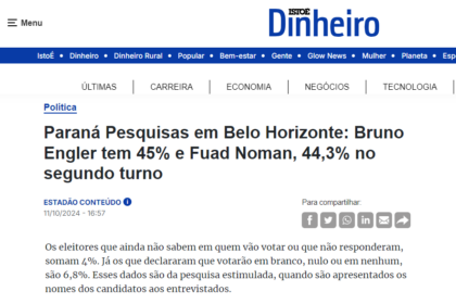 Isto É Dinheiro cita pesquisa realizada pela Paraná Pesquisas em Belo Horizonte.
