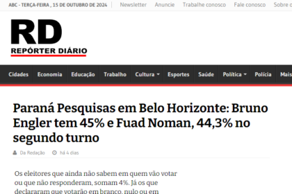 Repórter Diário cita pesquisa realizada pela Paraná Pesquisas em Belo Horizonte.