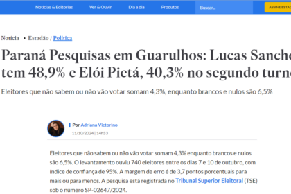 Estadão cita pesquisa realizada pela Paraná Pesquisas em Guarulhos.