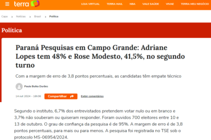 Portal Terra cita pesquisa realizada pela Paraná Pesquisas em Campo Grande.